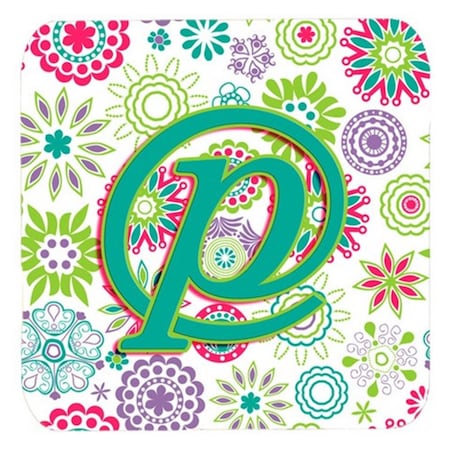 Letter P Flowers Pink Teal Green Initial Foam Coasters- Set Of 4